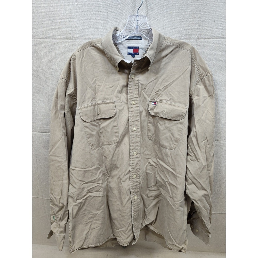 Tommy Hilfiger Mens Large Tan Khaki Cotton Twill‎ Button Down Shirt Dual Pockets